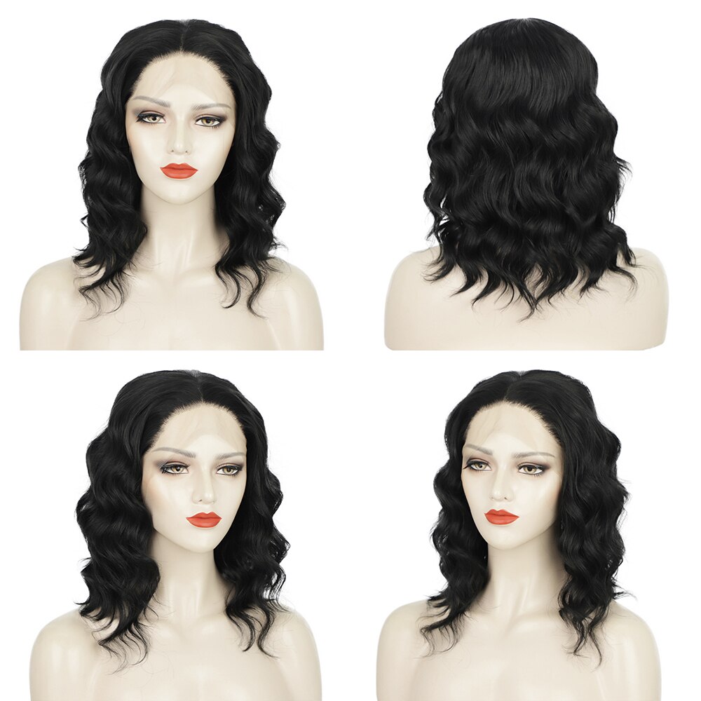 Stamped Glorious Natural Looking 16 Inch Synthetic Lace Frontal Wigs Black Short Wavy Wigs For Black Women Middle Part Bob Wigs: Default Title