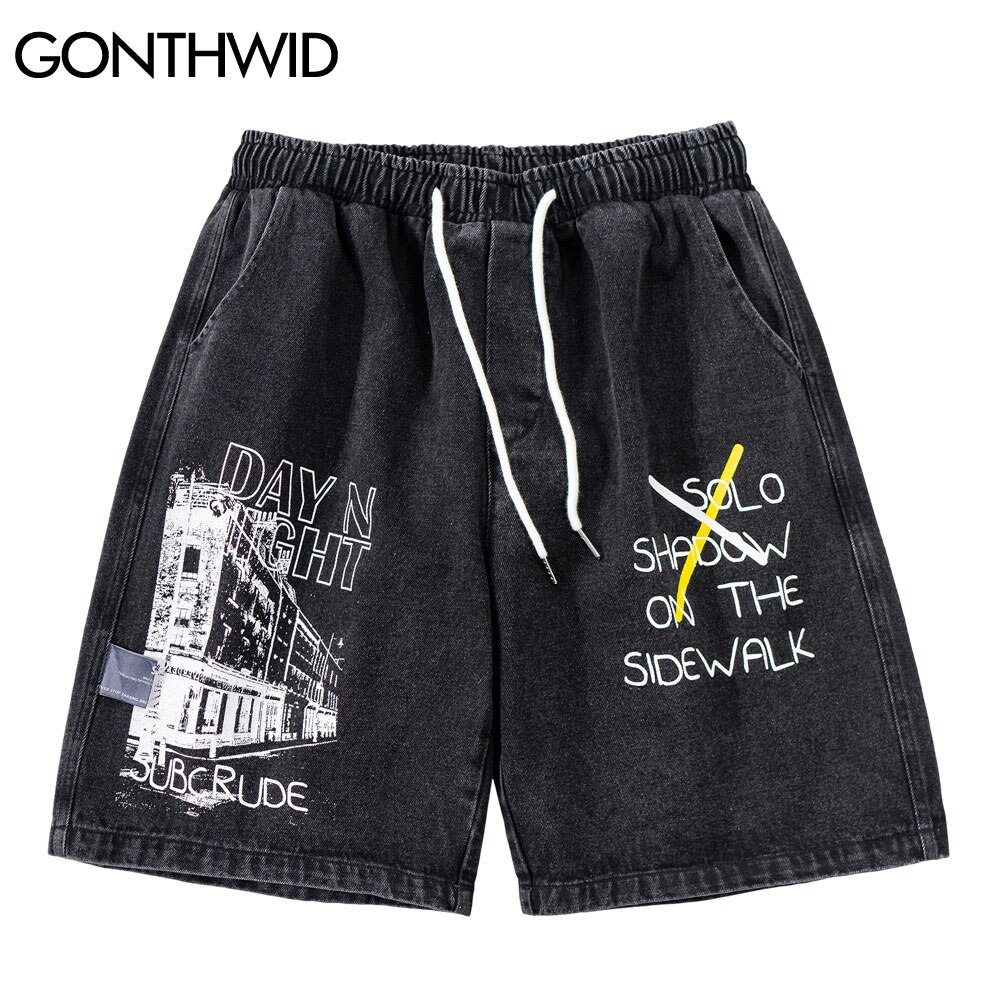 GONTHWID Denim Jean Shorts Harajuku Graffiti Print Short Pants Streetwear Mens Hip Hop Summer Casual Shorts Denim Pants