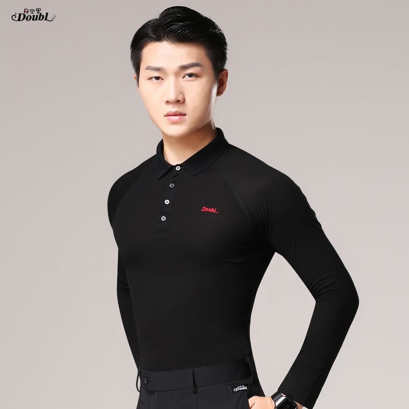 Doubl-camiseta negra de Tops de baile Latino para hombre, camiseta de Salsa de Vals, Trajes de baile latino de manga larga estándar nacional