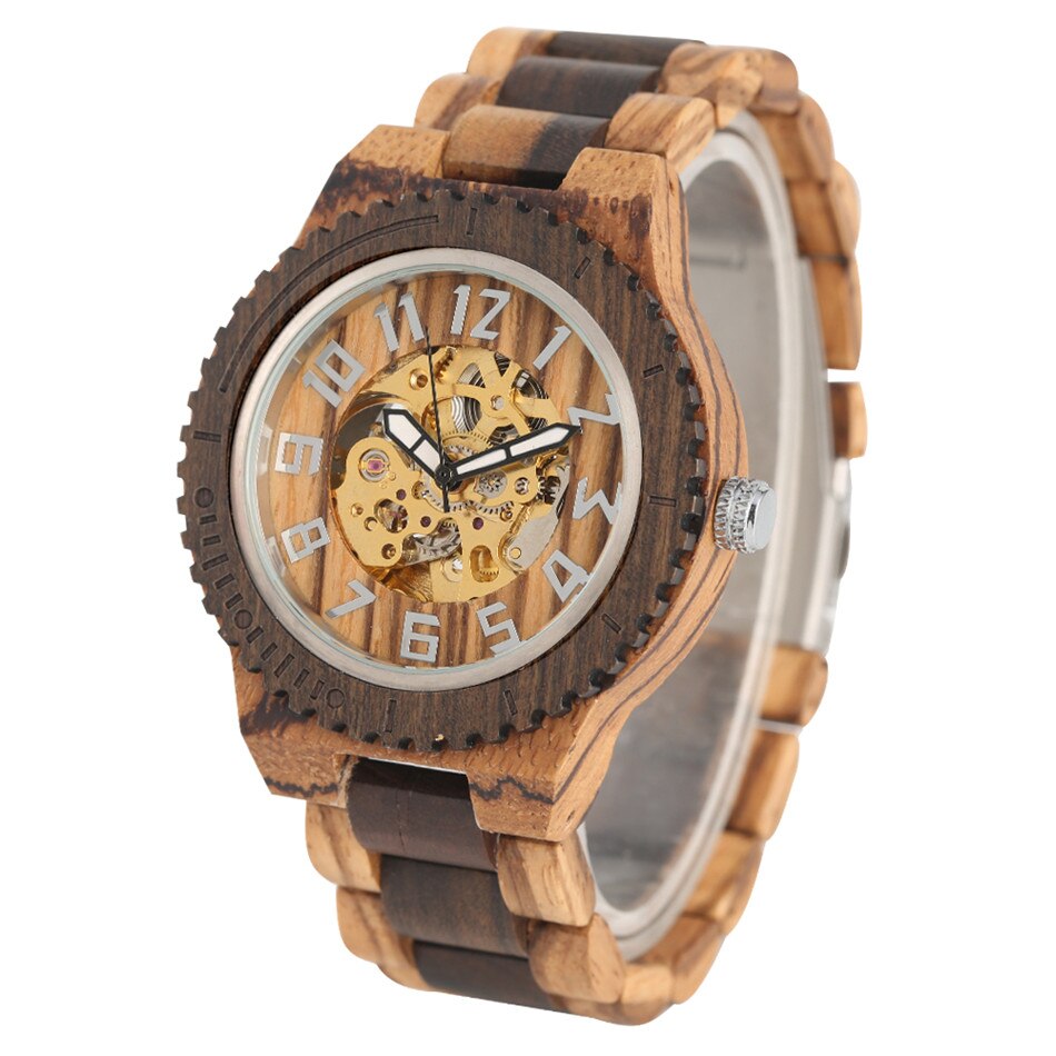 REDFIRE reloj masculino Automatic Mechanical Wood Watches Classic Arabic Numerals Natural Gear Surface Wood Mens Watches: brown black wood