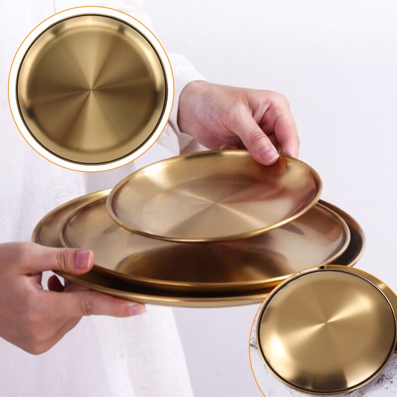 Stainless Steel Golden Plate Dessert Plate Western Food Plate Coffee Tray Jewelry Storage Cake Plate Disc Roast Barbecue Plate