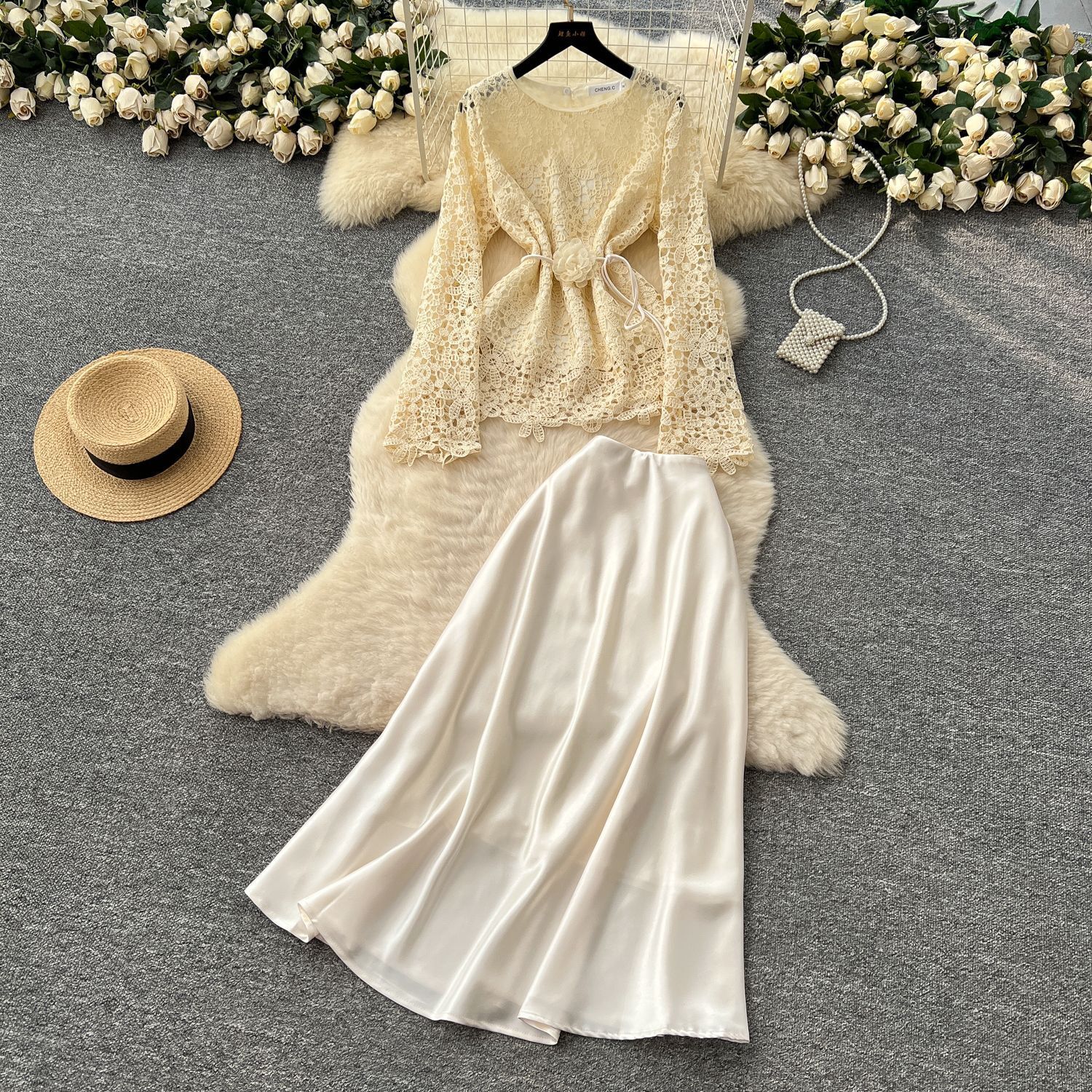 Kesäinen pitkä mekko, naisten ontto kirjonta, pitsipuserot, midi-satiinihameet, 2 kpl asuja, pinkki, toimistonaisten työmekot: M / Aprikoosi