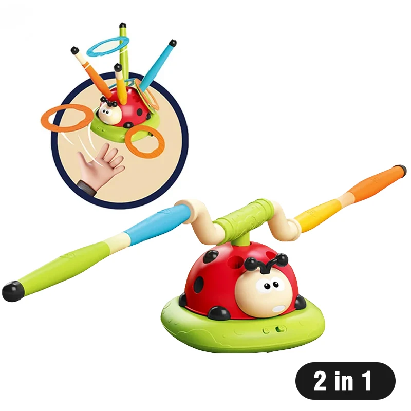 Musikalisches Springen-Sportspielzeug, 5-in-1, 3-in-1-Wurfring-Spiel, Spielzeug und Raketenwerfer für freundlicher, Marienkäfer, Multifunktions-Außenmaschine: Schwarz