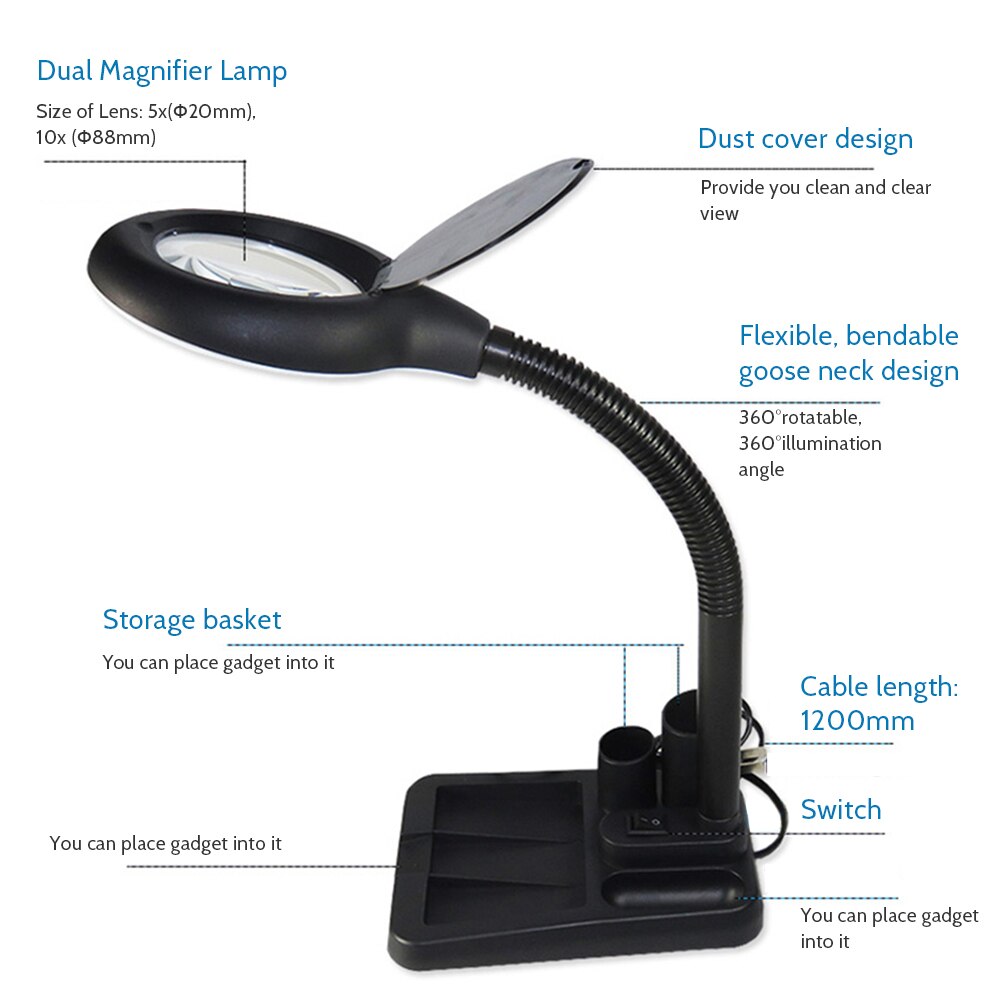 6W 40LED 5X/10X Magnifier Glass with Gadget Storage Desk Lamp Beside Light Magnifying Lens Printing LED desk lamp