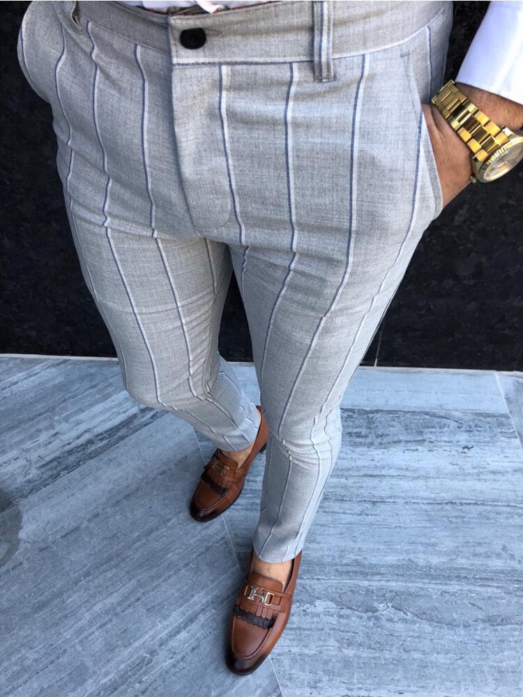 Men Dress Pants Men's Skinny Casual Trousers Slim Fit Business Pants Formal Striper Pants Slacks Trousers: Gray / L