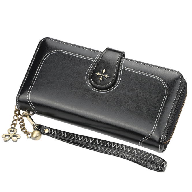 JOYHO Grote Capaciteit Vrouwen Clutch Split Leer Vrouwelijke Lange Portemonnee Vrouwen Rits Portemonnee Bloem Hardware Strap Hollow Out: Midnight Black