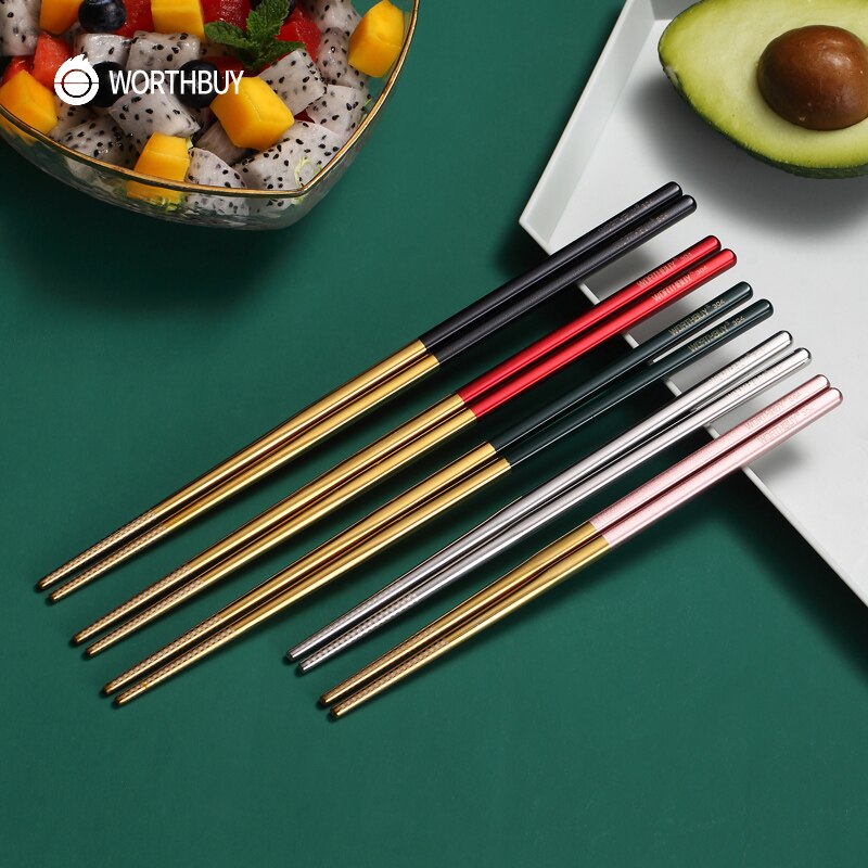 WORTHBUY 5 Pairs Juego de coloridos palillos chinos de acero inoxidable 304 para palillos de comida de Sushi palillos chinos reutilizables antideslizantes