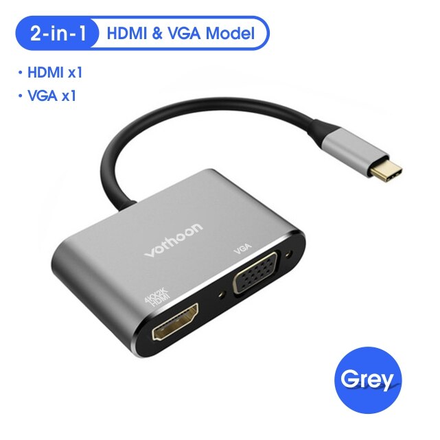 Vothoon USB Type C HUB to USB 3.0 HDMI USB HUB for MacBook Pro Air Huawei P30 Samsungs S10 S9 3 Port VGA Type C HUB: 2-in-1 Grey