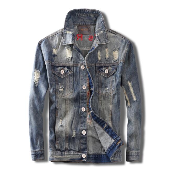 Men's Embroidery Denim jacket Hole men's coat: Blue / L
