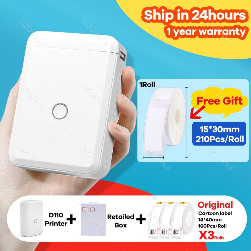 Niimbot D110 Wireless Bluetooth Thermal Label Printer Portable Pocket Label Maker for Android iPhone Home Office Sticker Printer: D110 add 3Cartoon