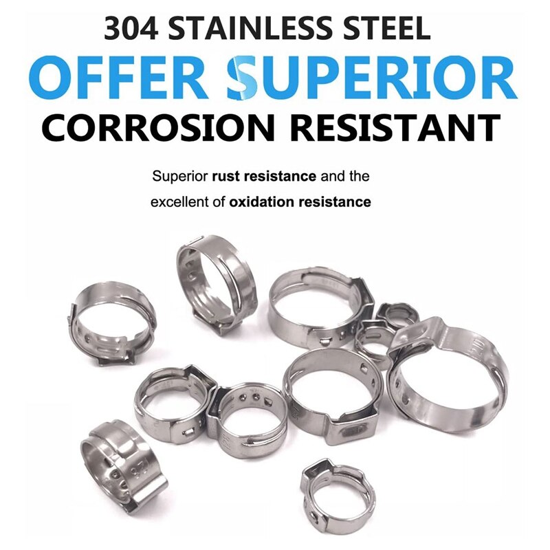 Cinch Clamp Rings, Single Ear Stepless Hose Clamps Assortment Kit, Crimp Pinch Fitting Tools,304 Stainless Steel(130Pcs)