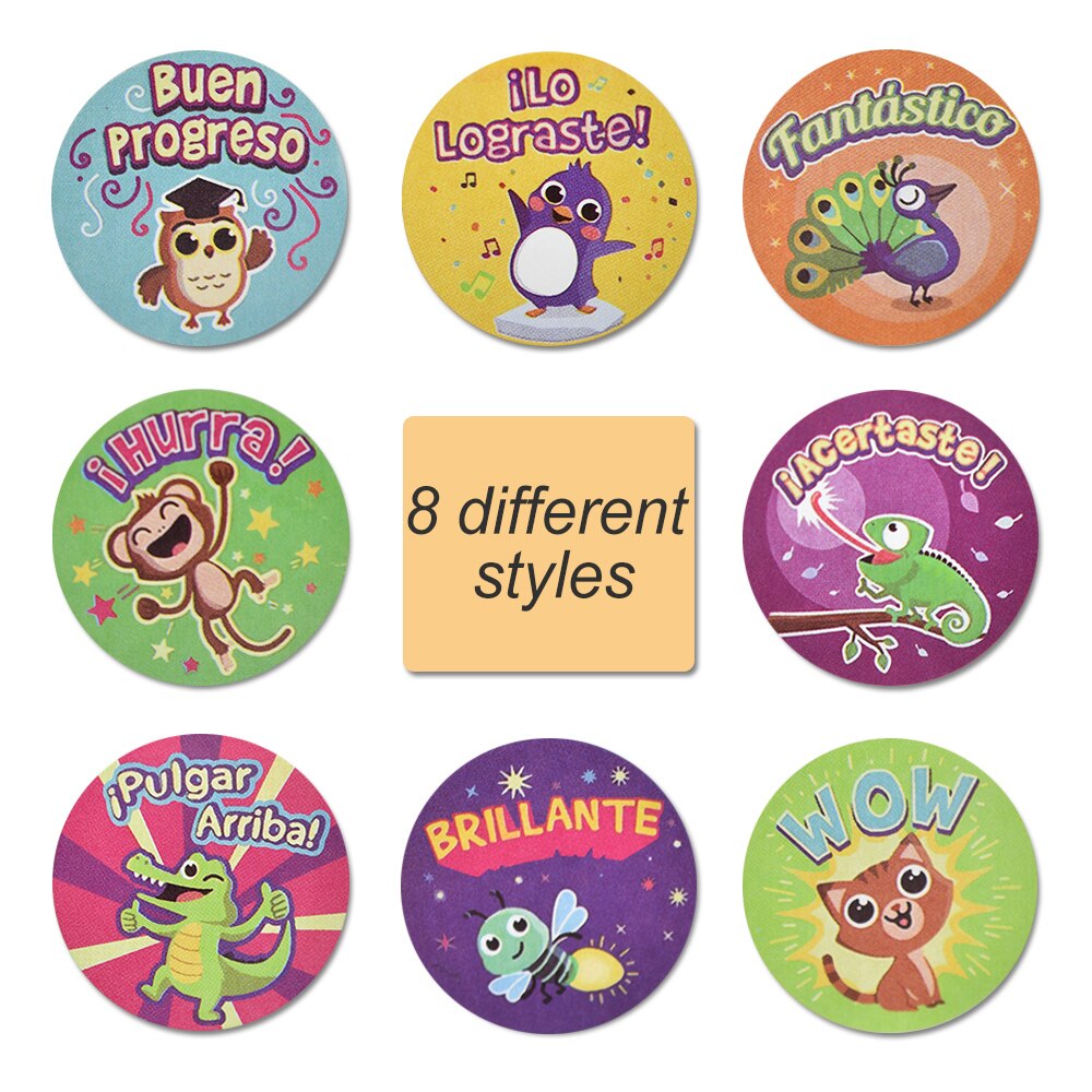 Cartoon Dieren Stickers 1 Inch Spaans Beloning Sticker Voor Kinderen 500Pcs/Roll 8 Ontwerpen Motivatie Leuke Stickers