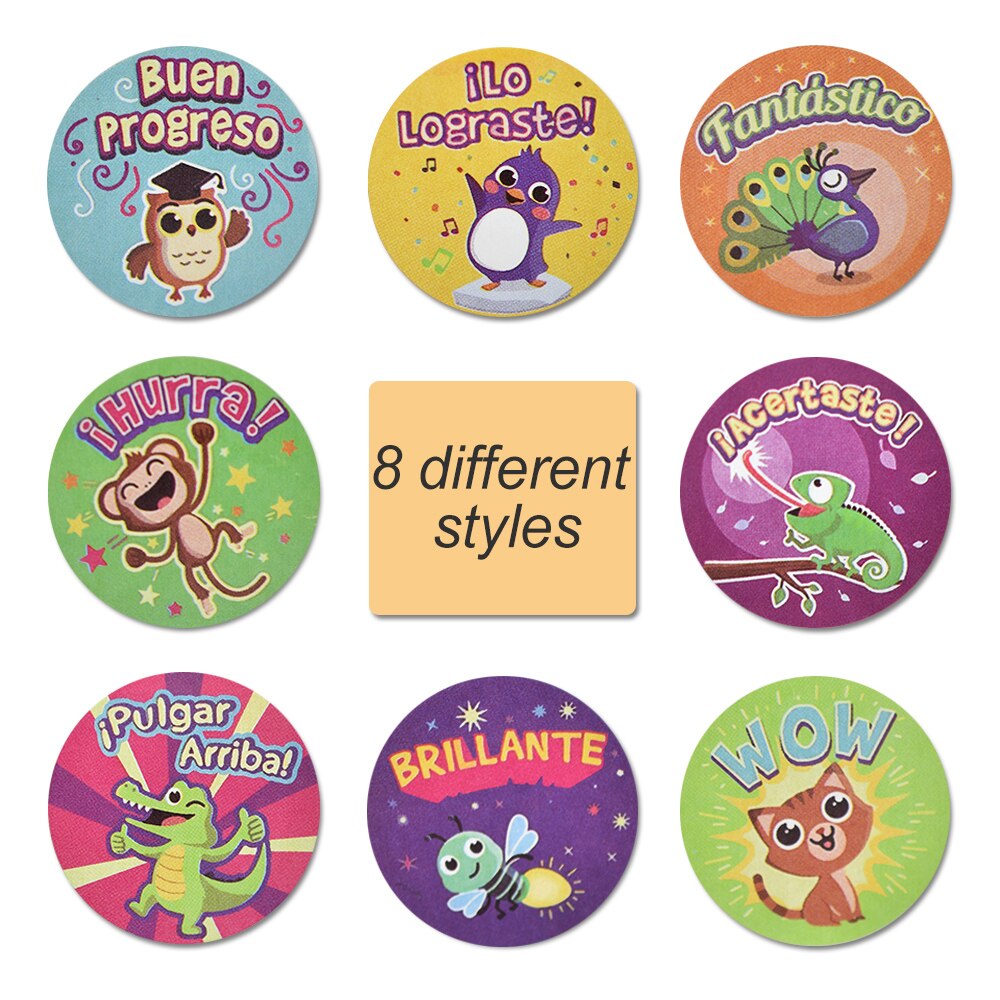 Cartoon Animals Stickers 1 inch Spanish Reward Sticker for Kids 500pcs/roll 8 Designs Motivational Cute Stickers