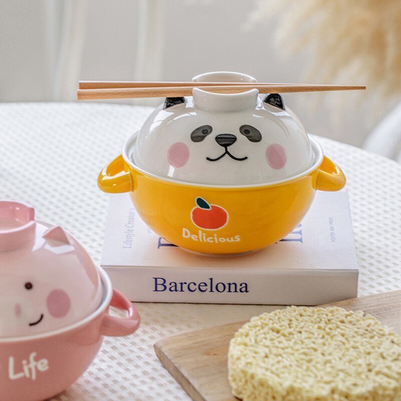 Bol à nouilles instantanées en céramique avec couvercle, cochon mignon Panda Ramen chat Kawaii grand bol à salade soupe aux fruits bol de cuisine, vaisselle