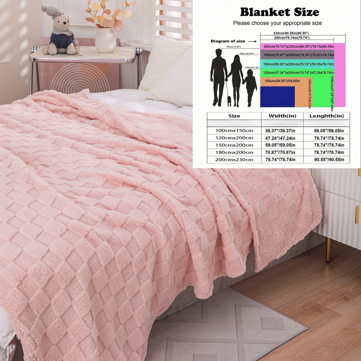 Coperta da tiro grigio pallido a quadretti in morbido mucchio di peluche - Coperta da divano da viaggio Boho accogliente per esterni a grandezza naturale, tiro con struttura cialda: 180x200cm / Colore rosa