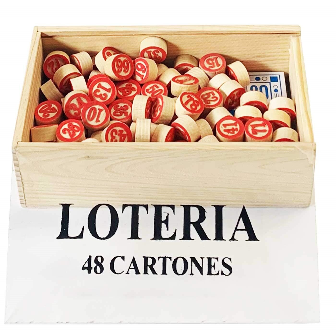 Juego de lotería/bingo en caja de madera, 90 fichas de números y 48 cartones, juego de mesa tradicional, familia, amigos, diver
