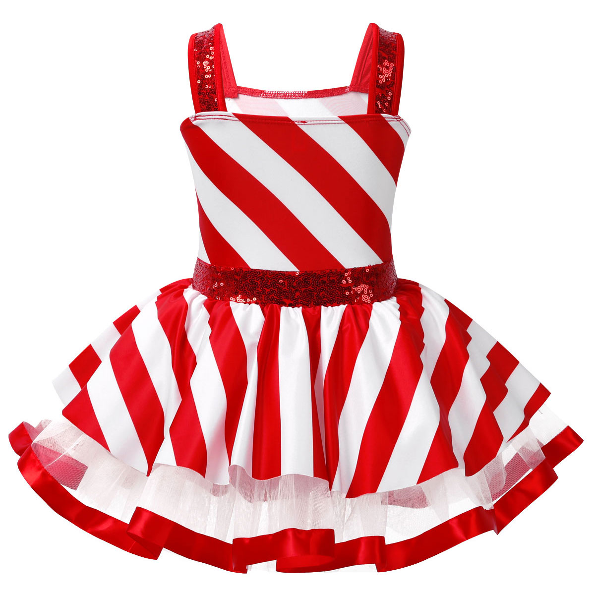 Kids Girls Striped Christmas Dance Dresses Costumes Sleeveless Shiny Sequins Figure Ice Skating Roller Skating Twirling Leotards
