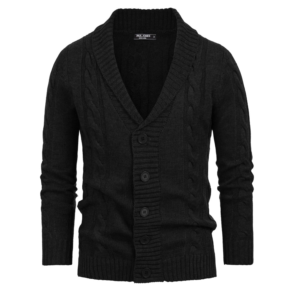Mænd strik toppe efterår vinter tøj varm formet strik sweater cardigan outwear tykkere ensfarvet mandlig: Sort / S