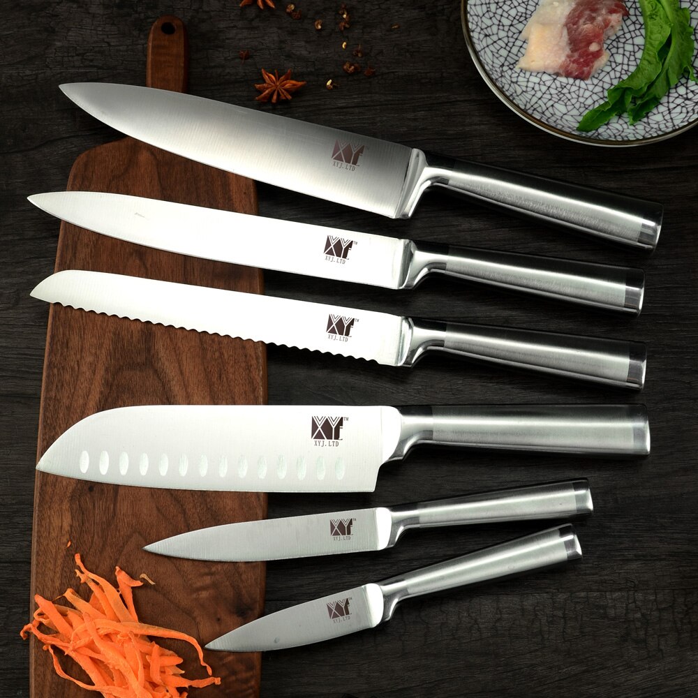 XYj Chef Knife 9pcs Set Stainless Steel Kitchen Knife Sharp Blade Slicing Meat Cleaver With Knives Holder Sharpener