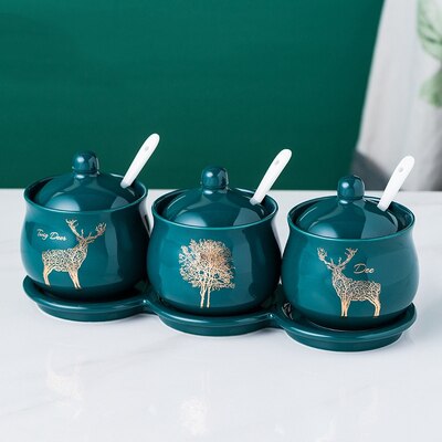 Green Color Forest Ocean Style Sugar Bowl Home Kitchen Set Ceramica Salt Condiment Pot Jars: Design 1