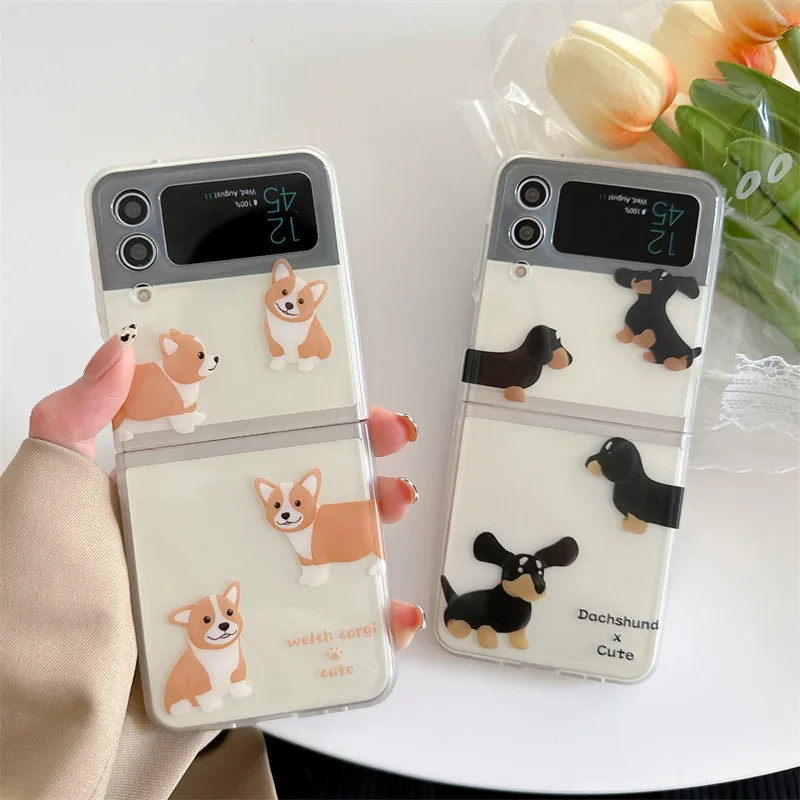 Cartoon Leuke Corgi Teckel Telefoon Case voor Samsung Galaxy Z Flip 5 4 3 Hard Cover voor Z Flip 3 Z flip 4 Solid Shell Beugel