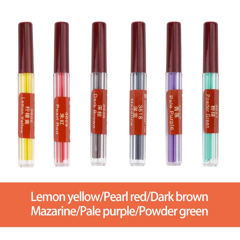 Mine de crayon mécanique/automatique remplaçable, recharges/noyau de 2.0mm, 36 couleurs, pour dessin: 2-6colors