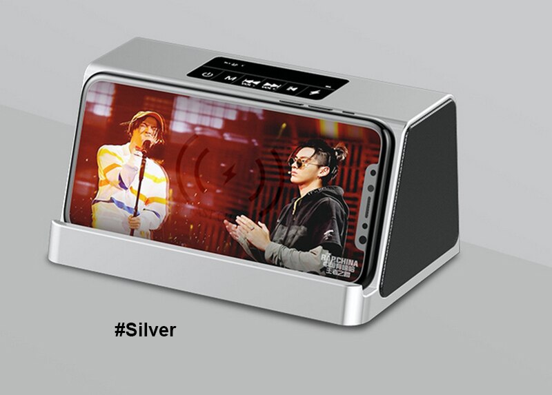 Stereo Bluetooth Speaker Draadloze Oplader Voor Smartphone Draagbare Bass Power Bank Klankkast Snel Opladen Voor Iphone X 8: Zilver