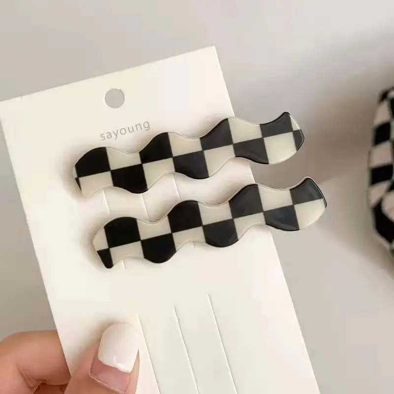 2PCS/SET Chessboard Grids Seamless Hair Clip for Women Girls No Bend Bangs Clips Duckbill Clip Hairpins Hair Styling Accessories: GRAY