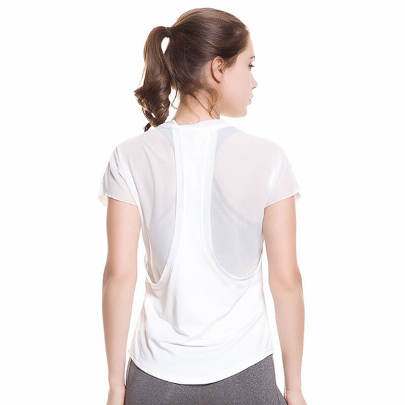 Brand Logo 0852 Summer Women Soft Breathable Sports Fitness Mesh Back Short-sleeved T-shirts Gauze Splicing /40: white / S