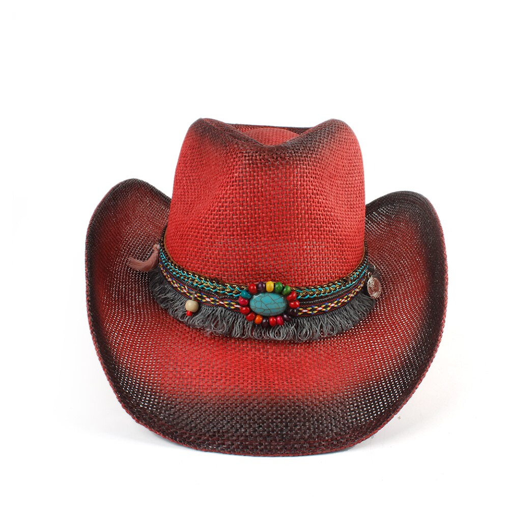 Vrouwen Mannen Straw Hollow Western Cowboy Hoed Dame Rode Bohemen Kwastje Sombrero Hombre Strand Cowgirl Jazz Zonnehoed Size 58cm: Red LS SSI