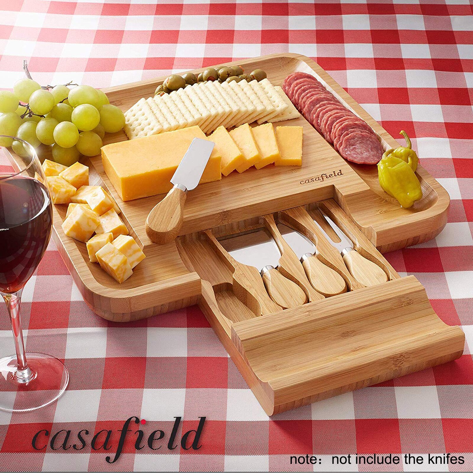 Cheese Board Tray with Hidden Slid-Out Drawer for Fruit Meat Kitchen Storage