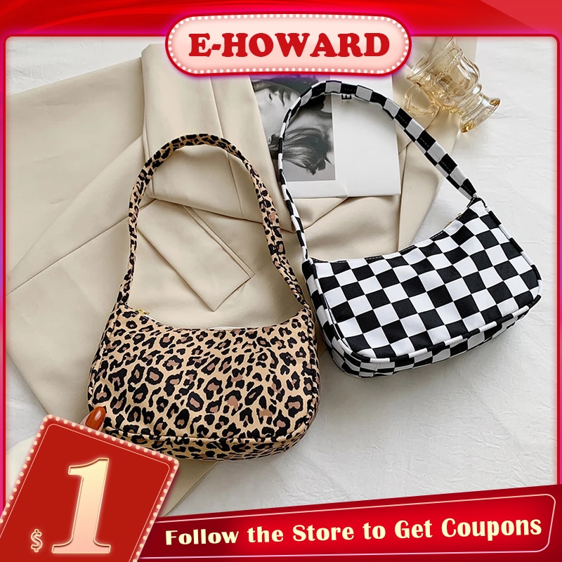 Nylon retro rutig dam leopardmönstrad avslappnad axel underarmsväskor för kvinnor 2022 trend tjejer shopper kvinnlig handväska