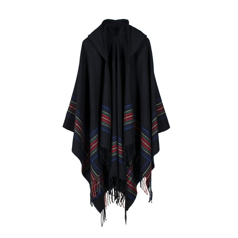 women winter shawl and wraps thick warm blanket scarf oversize hooded black ponchos and capes striped tassel echarpe: black