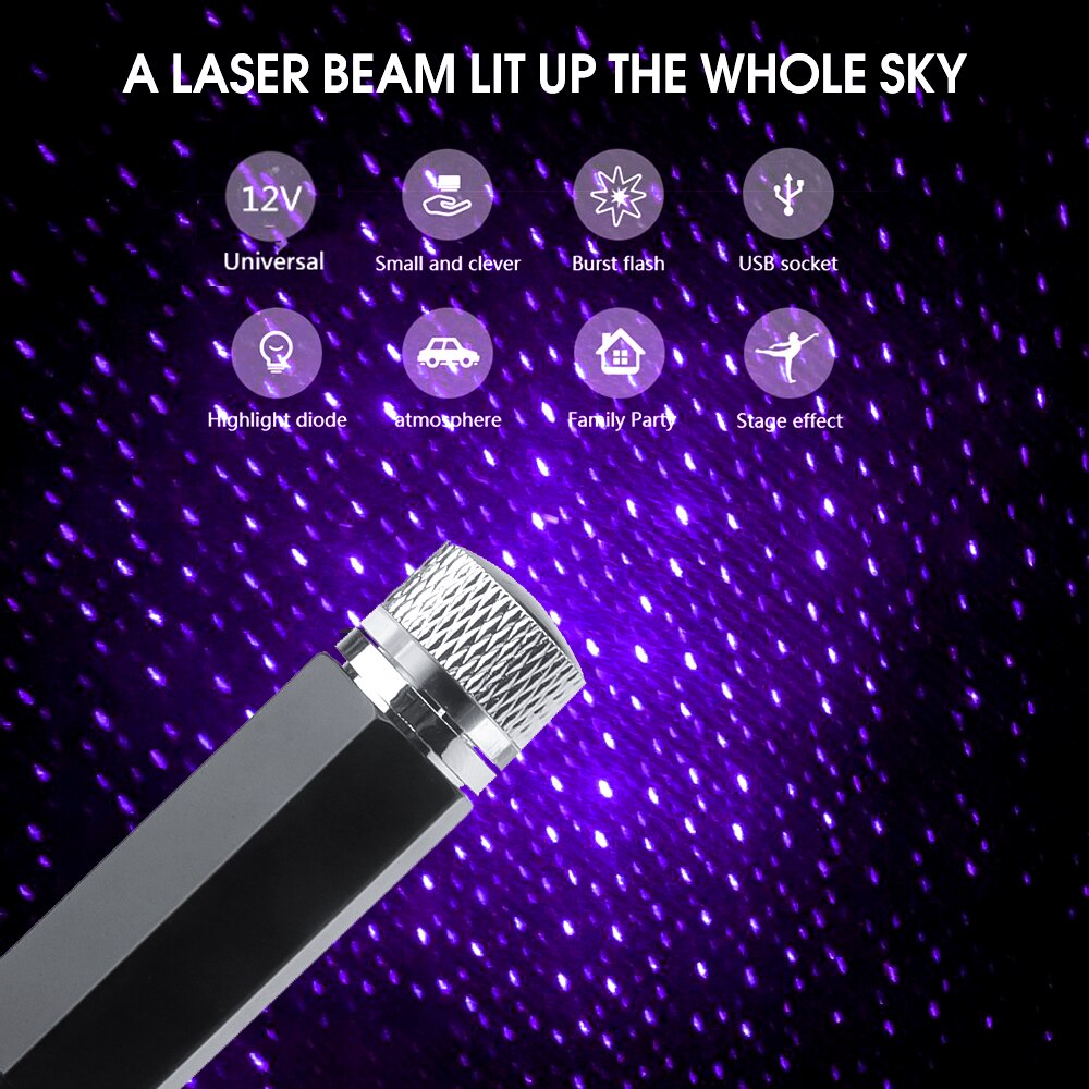 Adjustable USB LED Light Interior Car Roof Galaxy Star Adjustable Lighting Effects Light Projector Atmosphere Decorative Lamp: Purple