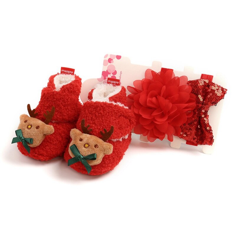 Bebê primeiro andar sapatos menina menino macio anti-deslizamento sapatos natal cervos papai noel bonito sapatos de bebê + 2 headbands/2 meias terno: A / -S