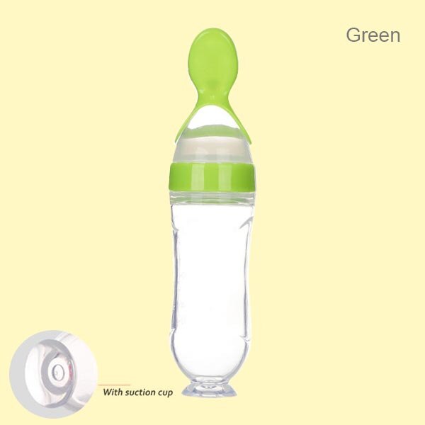 Beeshum 90ml Baby Squeezing Feeding Spoon Safety Silicone Training Baby Bottle Spoon Infant Cereal Food feed Spoon baby gadgets: green suction cup
