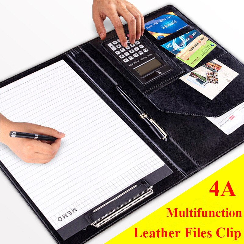 Carpeta de archivos A4 de cuero PU multifunción, calculadora, organizador de escritorio, accesorios de oficina, administrador, almohadilla para documentos, maletín, bolsa Padfolio