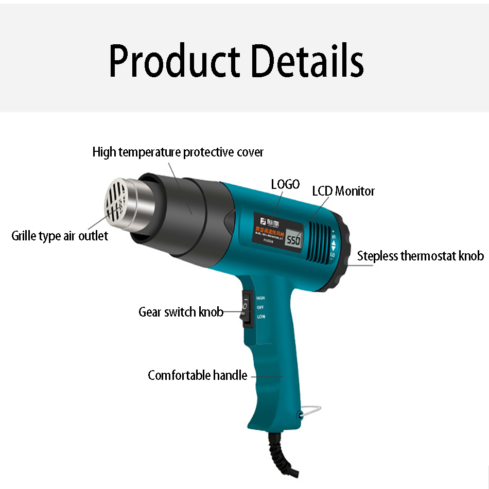 2000W 220V Industriële Elektrische Heat Gun Temperatuur Regulator Lcd Digitale Display Heteluchtpistool Krimpen Verpakking Air nozzle