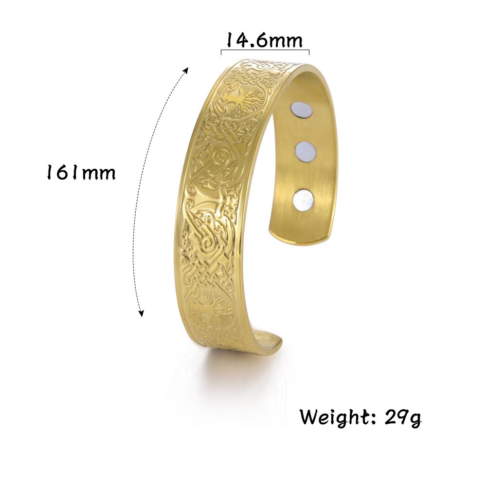 Skyrim – Bracelet Viking en acier inoxydable pour hommes et femmes, bijoux à nœuds d&#39;amour sans fin, arbre de vie, oiseaux, manchette de thérapie magnétique,: Style 1 gold