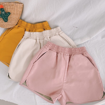 Sommer forår baby pigeshorts imiteret læder drengeshorts unisex børnetøj småbørns pu shorts til piger tøj menina