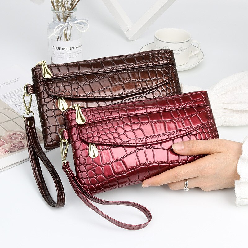 Damen-geldbörsen aus lackleder, lange damen-geldbörse mit doppeltem reißverschluss, clutch-tasche, rote handtasche, krokodilleder-geldbörsen