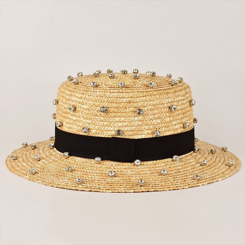 Paja de trigo Natural hecha a mano, decoración de costura de diamantes, sombrero de paja de jazz, viaje al aire libre, Playa: white brim 7cm
