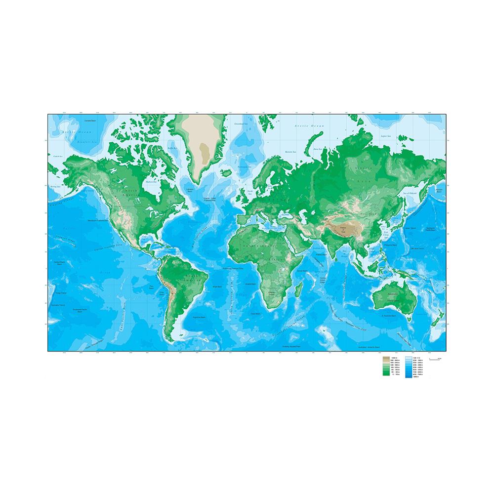 Carte d'altitude du monde, pliable, Non tissée, 150x225cm, pour la recherche géologique