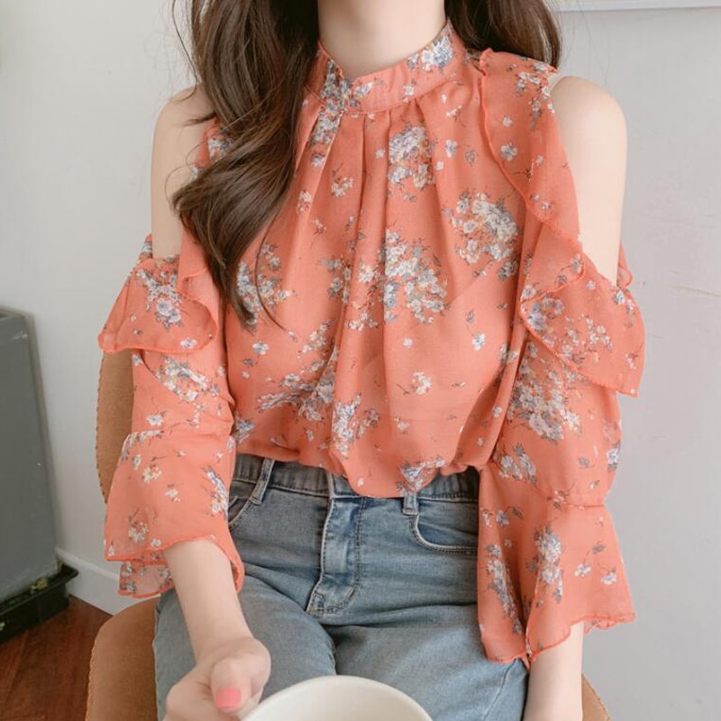 Off shoulder chica toppar utsvängda ärmar söta söta tjejer kvinnor flhjlwoc japansk korea stil blommig ihålig volang blus