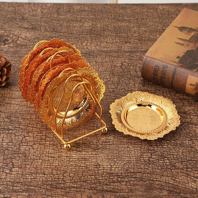 6pc Classical Golden Cocktail Metal Coaster Continental Vintage Zinc Alloy Plated Gold Plated Mat placemat diameter 10.5cm