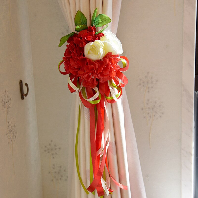 Décorations de rideau de mariage, fleurs artificielles avec ruban, disposition romantique de salle de mariage: red