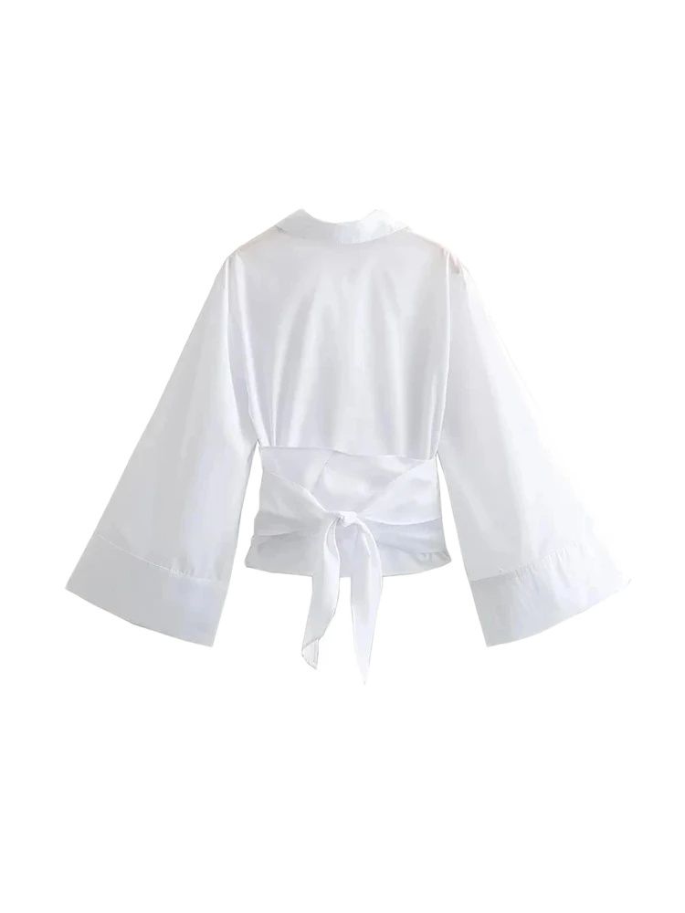 TRZA-Women's Long Sleeve Kimono Blouses With Bow Tie, Front Button, Female Shirts, Chic Tops,