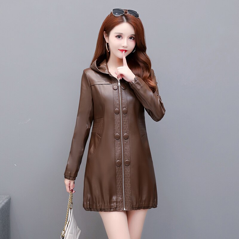 Chaqueta de cuero con capucha para mujer, abrigo largo de talla grande 3XL y 4XL, ropa de primavera y otoño, novedad de 2022: Castaño / L