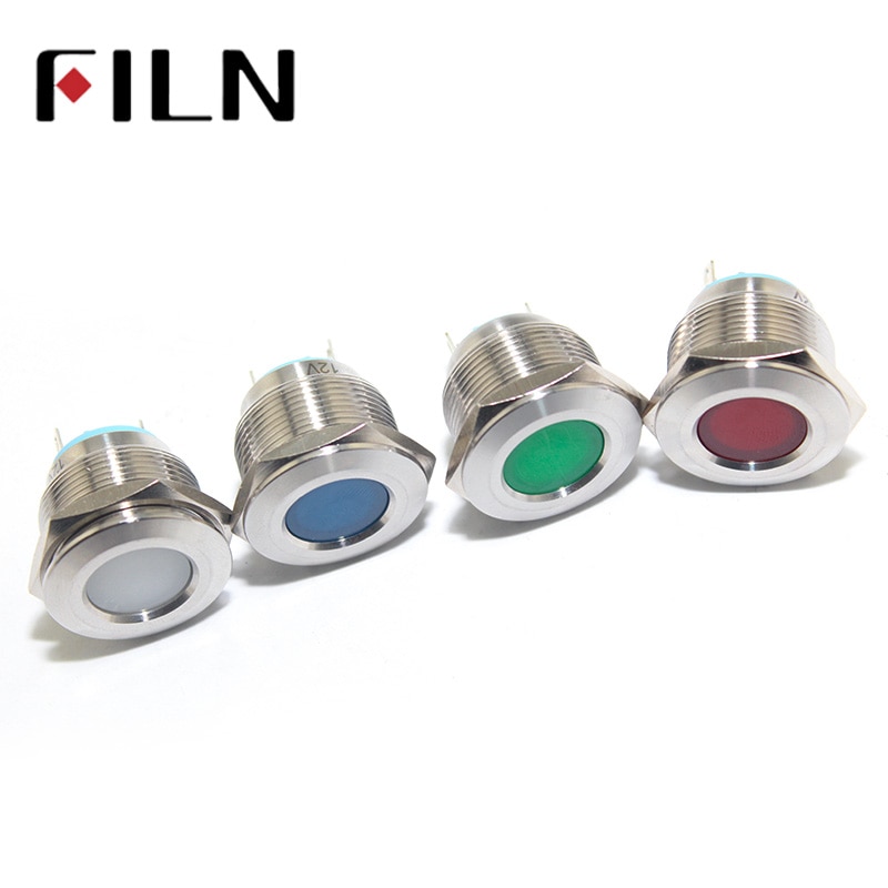 Lampe de signalisation ronde plate en métal à led 22mm 3v 6v 12v 24v 220v lumineux rouge jaune bleu blanc