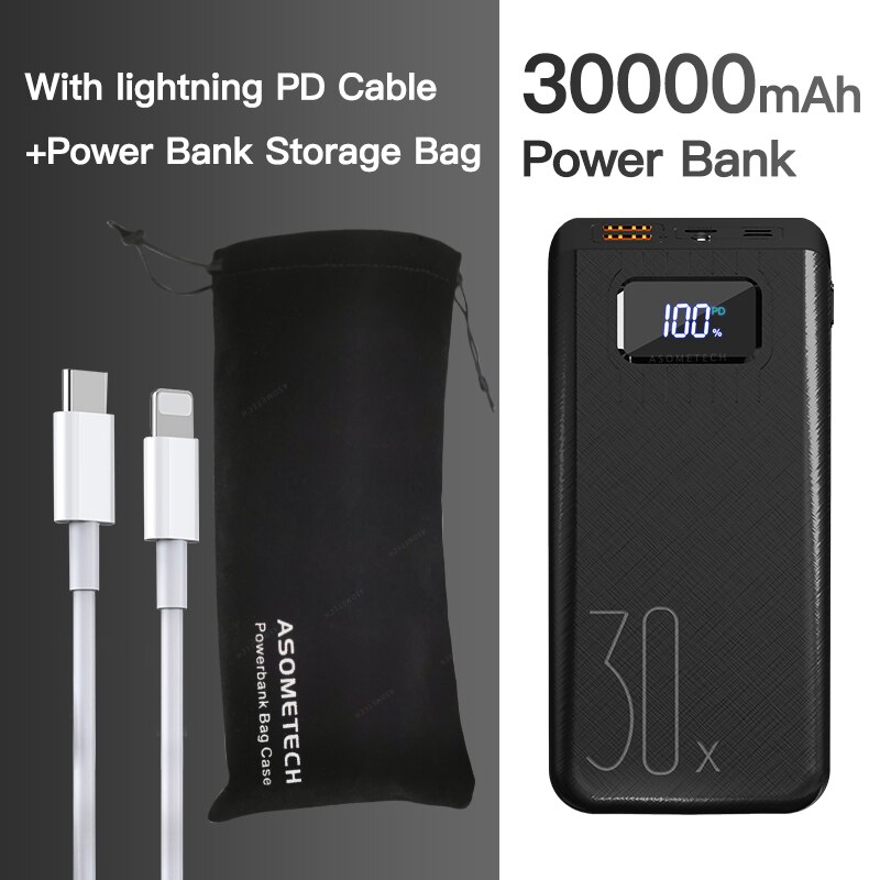 Banco de potência 30000 mah tipo c pd carregamento rápido powerbank 30000 mah portátil carregador de bateria externa para iphone 12 xiaomi poverbank: Black with PD Cable